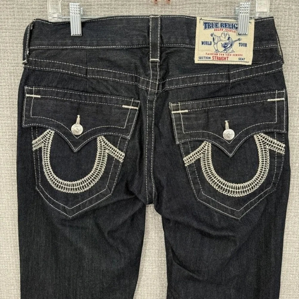 True Religion Straight Jeans Mens 32 Dark Wash Big T Stitching Denim Vintage Y2K